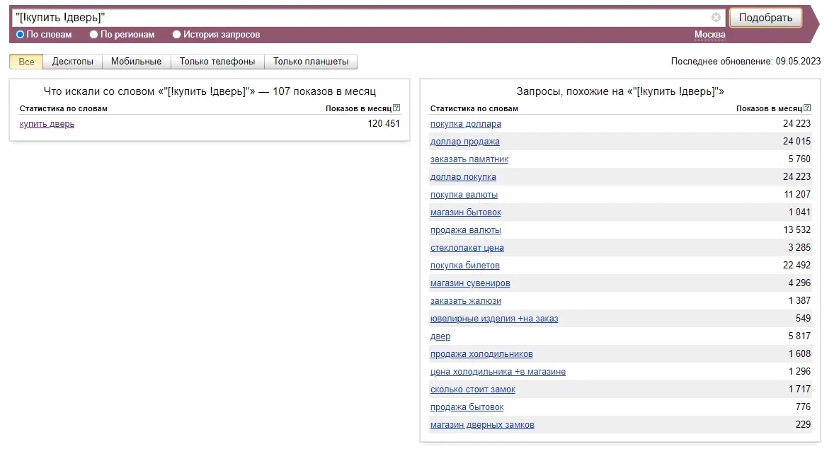 Пример самой точной частотности поискового запроса по Яндекс.Вордстату